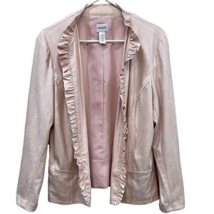 CHICO’S Pink Open Front Ruffled Blazer Lined Faux Pockets Polyester SZ 2